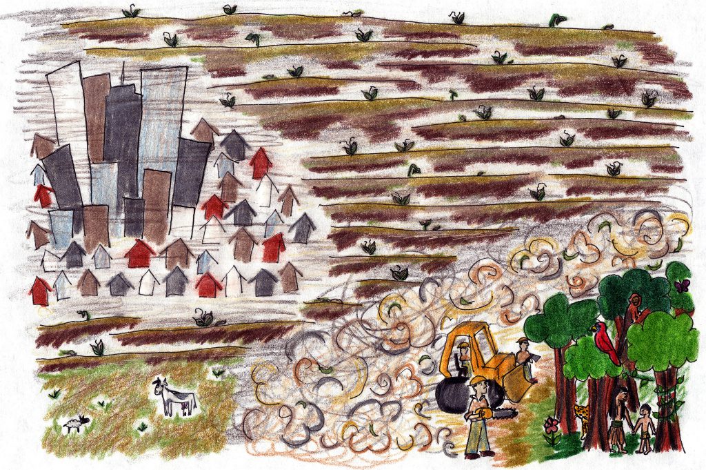 Child's drawing of city, fields, and bulldozer cutting down trees with people hiding in the trees