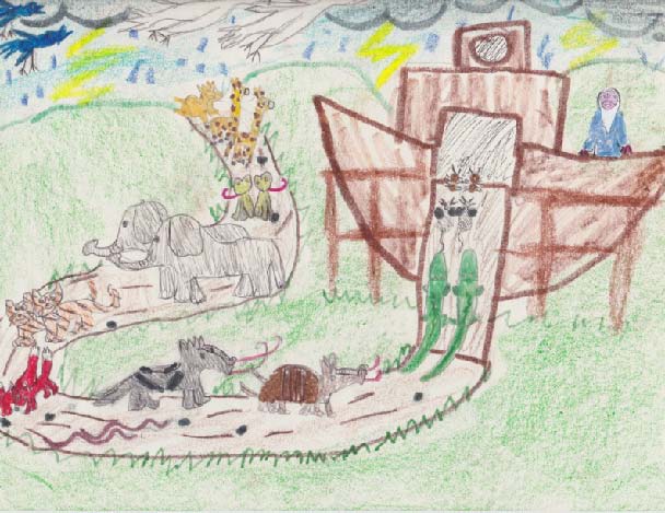 Child's drawing of Noah's ark, featuring crocodiles, aardvarks, elephants, frogs, and more