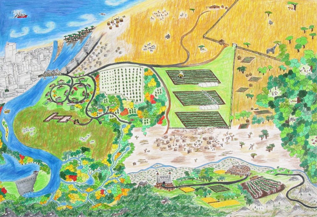 Child's drawing of large landscape featuring a city, farms, castle, neighborhoods, and dammed river