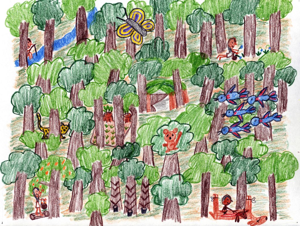 Child's drawing of forest scene with animals and humans